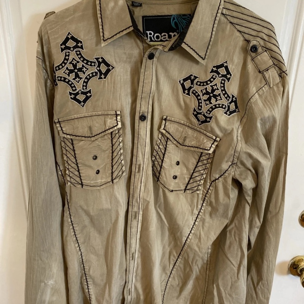 Roar Shirt Mens Large Black/ Beige  Dye Embroidery Western Long Sleeve -Nice